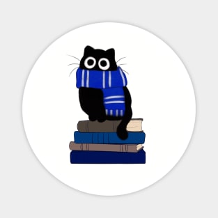 cat with blue scarf on stack of books Magnet
